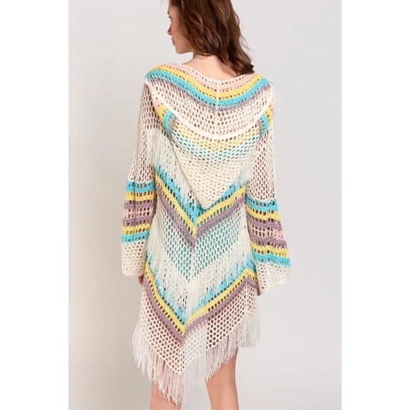 POL Beige Blue Crochet Hooded Cardigan with Fringe - Picture 4 of 7